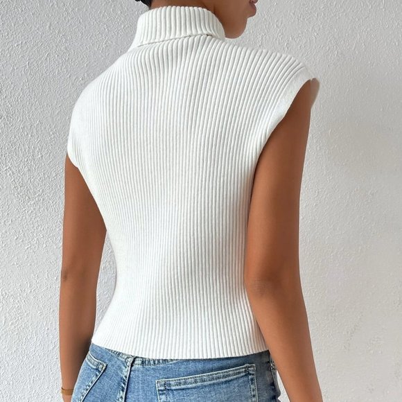 White Boho Womens Turtleneck Ribbed Knit Sweater Vest - Picture 2 of 5